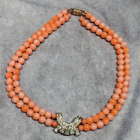 Vintage Salmon Tone Beaded Rhinestone Accent Beaded Necklace - Picture 6 of 6
